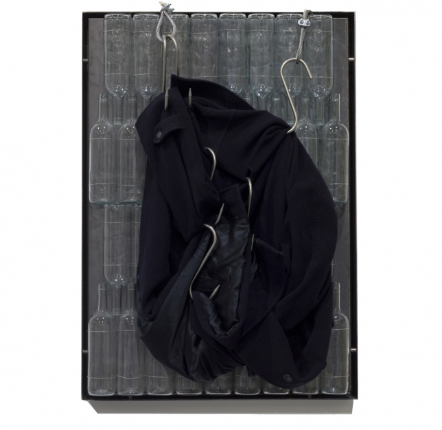 Jannis Kounellis, Untitled, 2010, 2010, glass bottles, steel, hooks, coat, 100 x 70 x 19 cm | 39.37 x 27.56 x 7.48 in 