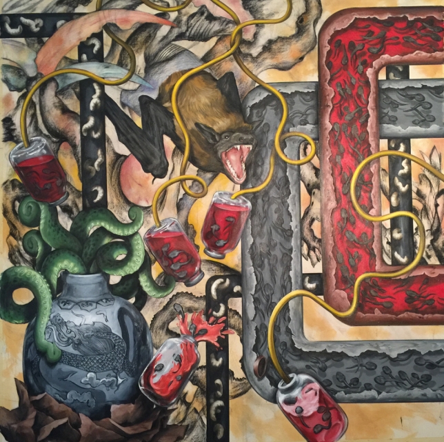 Ahmed Alsoudani, Square, 2015/16, charcoal,acrylic and color pencil on canvas, 162,6 × 160 cm, ALSO0002 