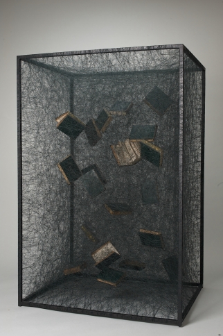 Chiharu Shiota, Zustand des Seins (Goethebücher Ausgabe 1820) / State of Being (1820 edition Goethe books) , 2012, Metal, old Goethe books, black thread, 150 x 100 x 80 cm | 59.06 x 39.37 x 31.5 in, # SHIO0020 