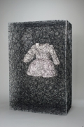 Chiharu Shiota, Zustand des Seins (Kinderkleid) / State of Being (children's dress), 2012, Acrylic box, children’s dress, paint, black thread, 120 x 80 x 45 cm | 47.24 x 31.5 x 17.72 in, # SHIO0019 