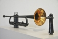 Agus Suwage, Social Mirrors #2, 2013, Trumpet, copper, wood and car audio systems , 118 x 24 x 70 cm | 46.46 x 9.45 x 27.56 in 