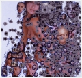 Thomas Hirschhorn, Cora, from the series: Bullet-Holes, paper, prints, stickers, plastic foil, adhesive tape, marker, ballpoint, 84 x 89 cm | 33.07 x 35.04 in, HIRS0405 